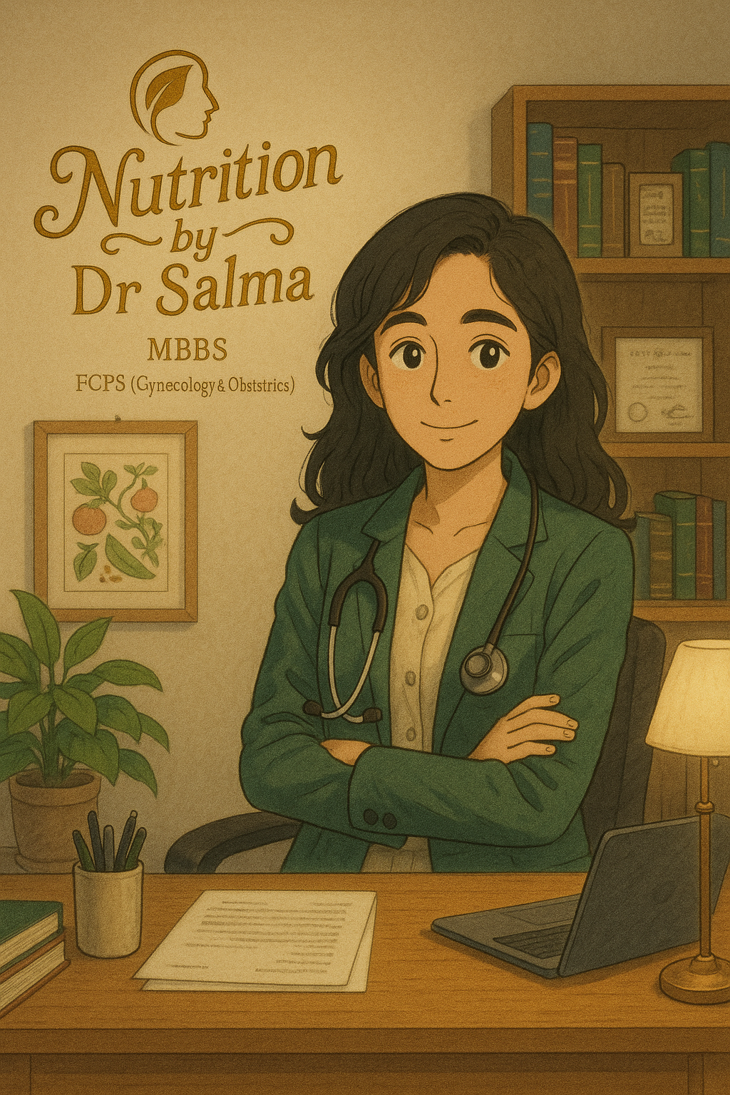 Illustration of a female doctor’s clinic desk with feminine botanical elements, symbolizing women’s health and nutrition guidance
